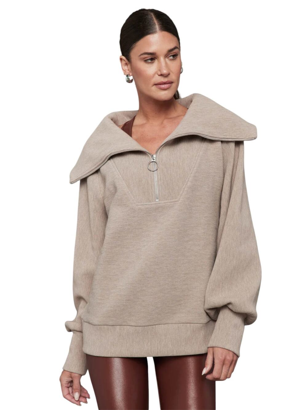 Varley Taupe Vine Half Zip Ribbed Cotton Pullover Sweater